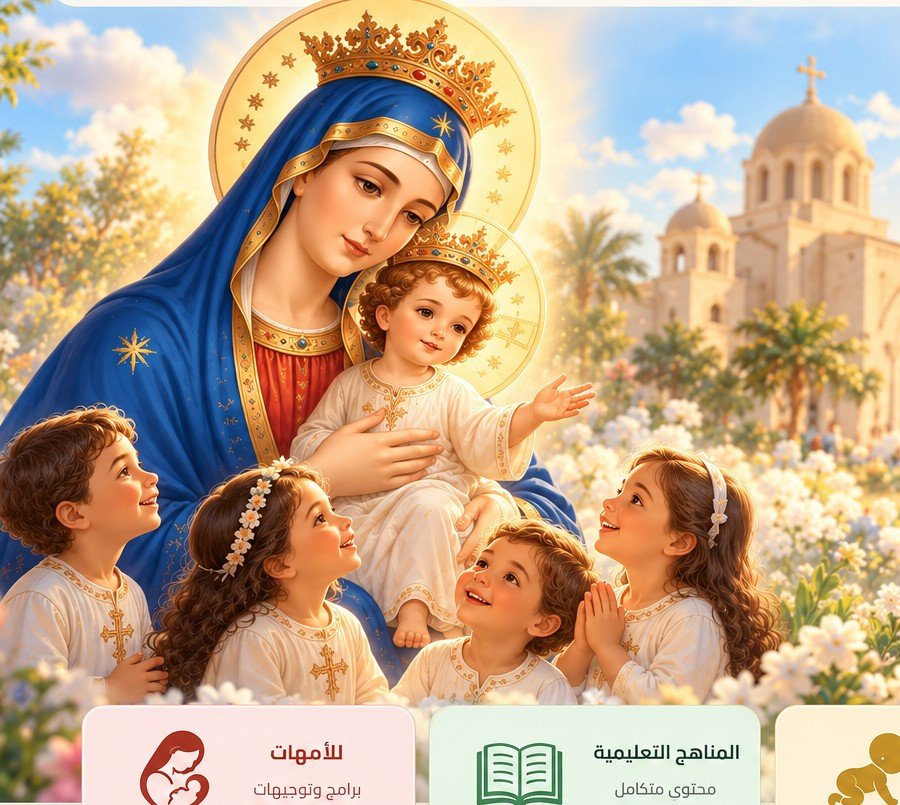 السيدة العذراء تحمل الطفل يسوع وسط الأطفال والكنيسة